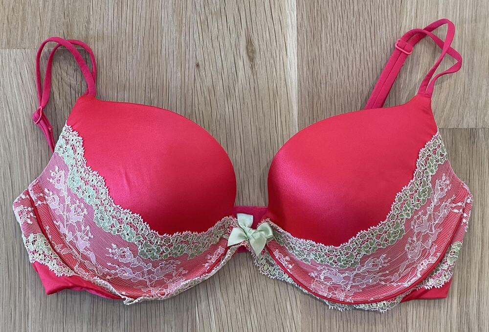 Victoria's Secret Bra Womens Red Pink Satin Lace Very Sexy Push-Up Underwire 34D